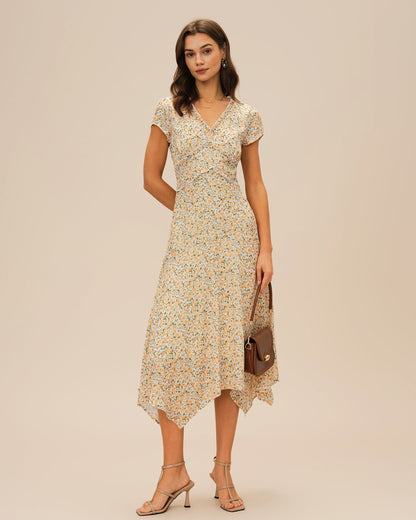 Yellow V Neck Floral Midi Dress