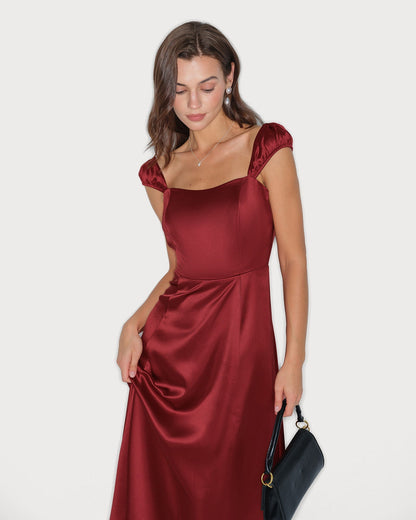 Red Sweetheart Neck Satin Midi Dress