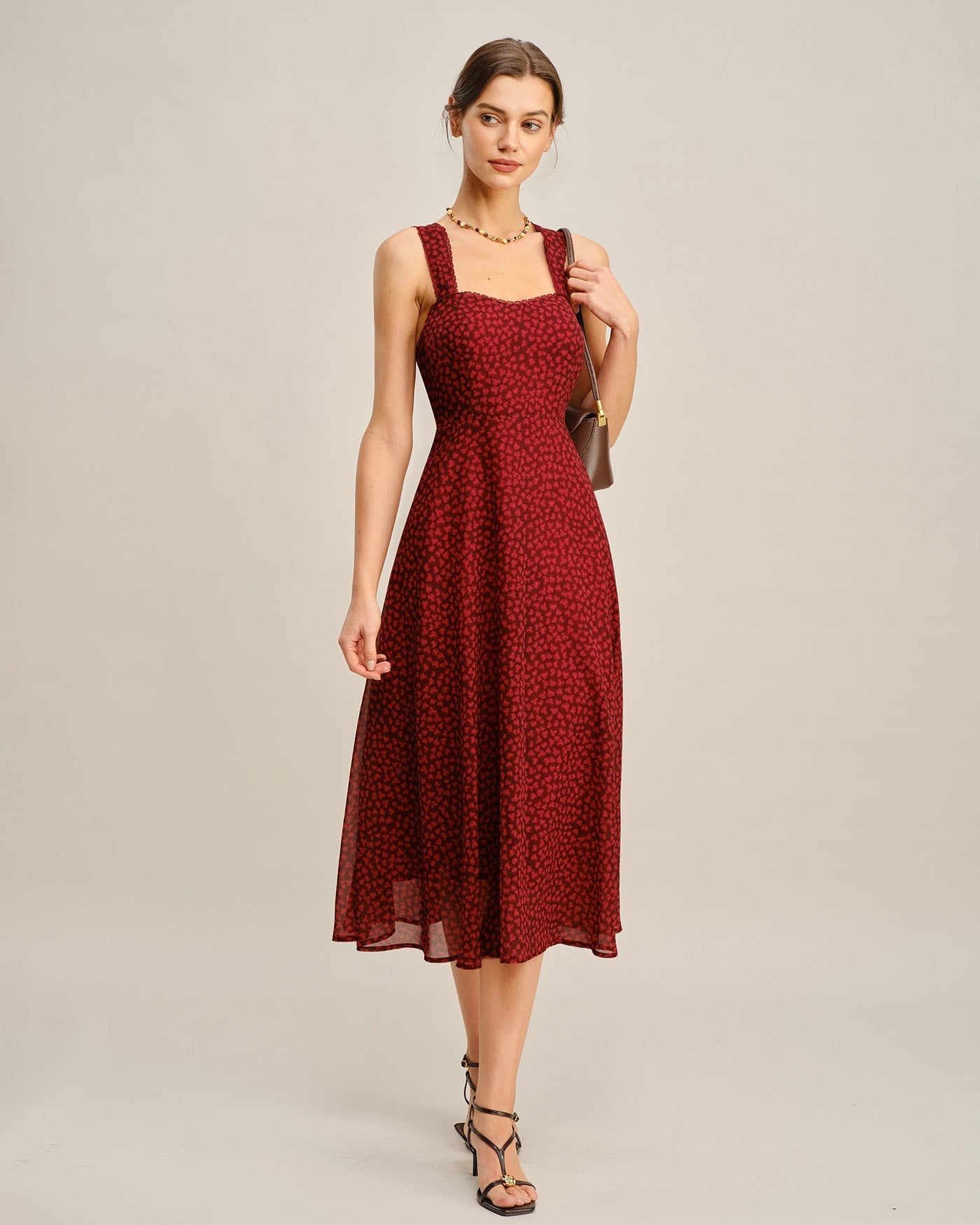 Red Sweetheart Neck Floral Midi Dress