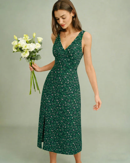Green V Neck Floral Midi Dress