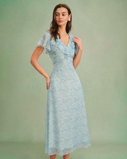 Blue V Neck Floral Ruffle Midi Dress