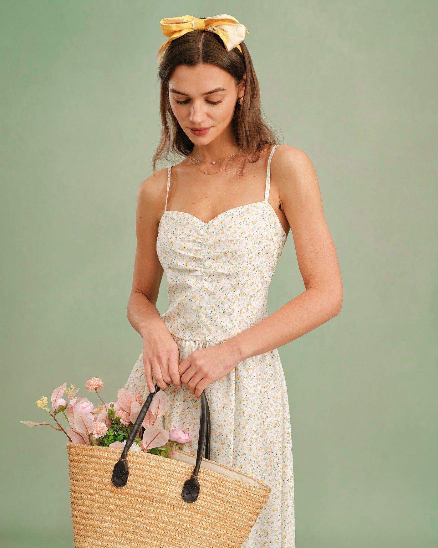 Yellow Sweetheart Neck Floral Slip Midi Dress