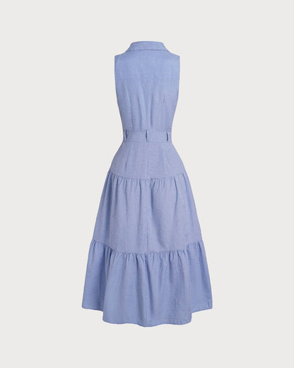 Blue V Neck Button Midi Dress