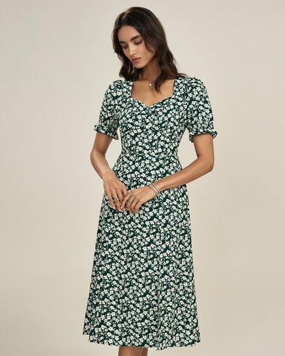 Green Floral V Neck Midi Dress