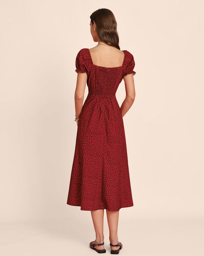 Red V Neck Lace Floral Midi Dress