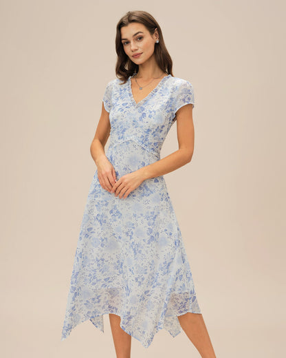 Blue V Neck Floral Midi Dress