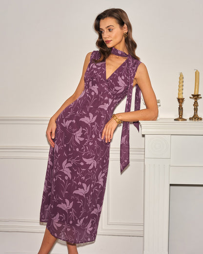Purple V Neck Floral Chiffon Midi Dress