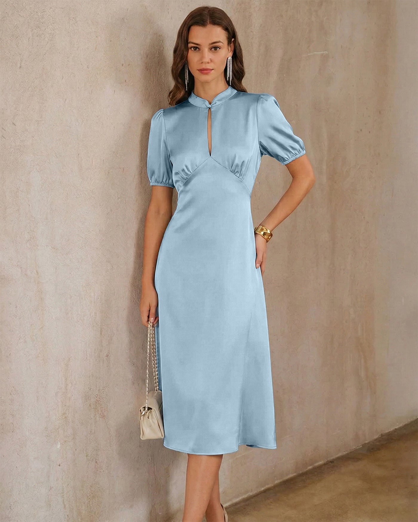 Blue Puffed Sleeve Backless Satin Midi Dress
