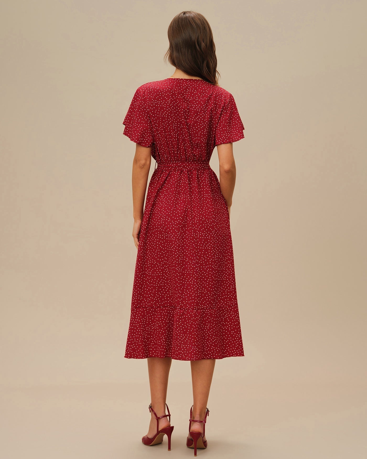 Red Butterfly Sleeve Polka Dot Midi Dress