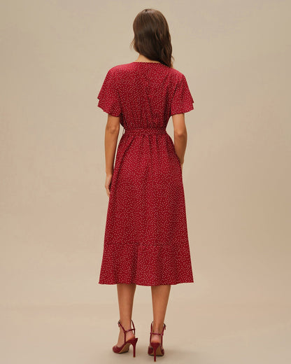 Red Butterfly Sleeve Polka Dot Midi Dress