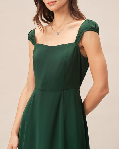 Green Square Neck Cap Sleeve Midi Dress