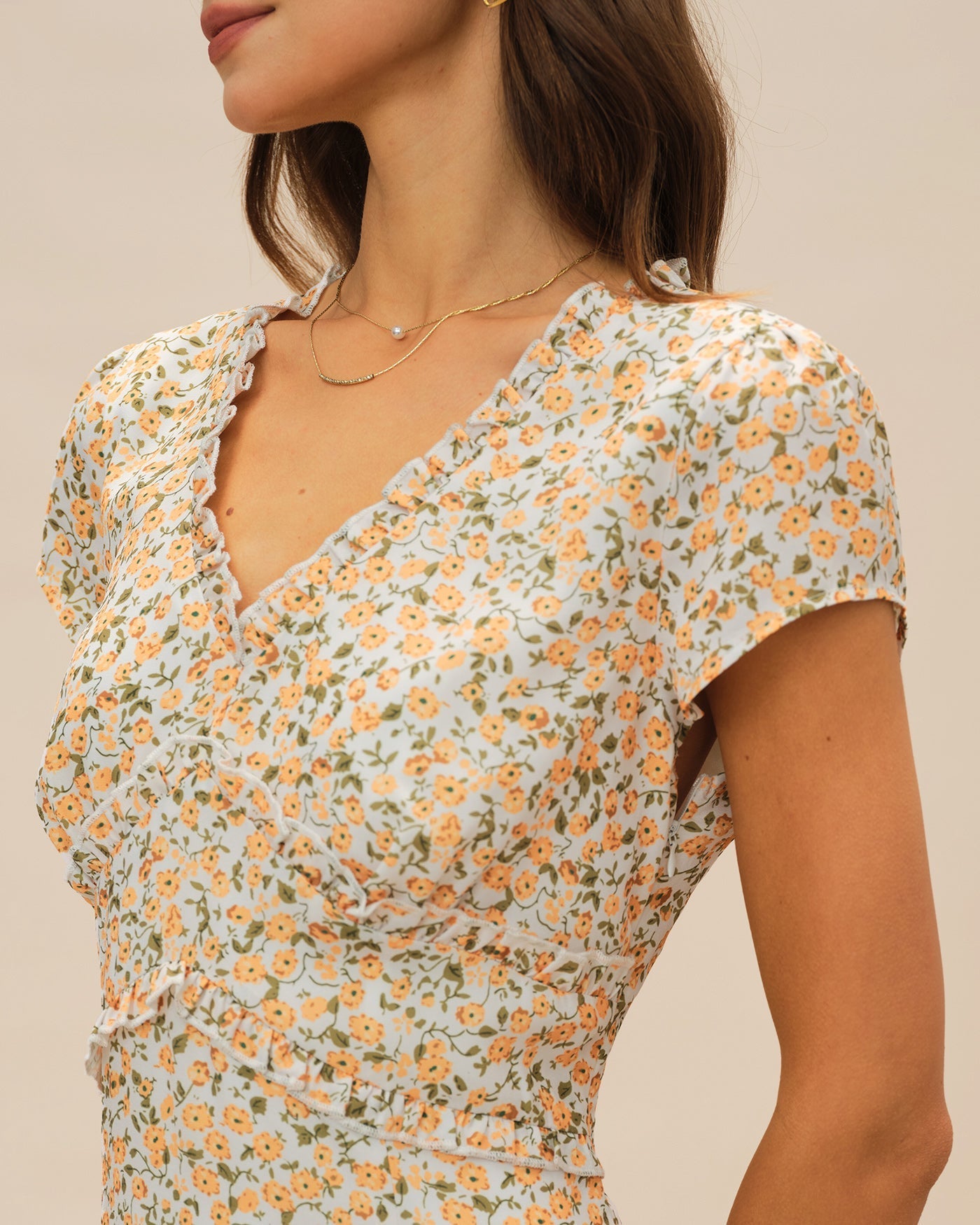 Yellow V Neck Floral Midi Dress