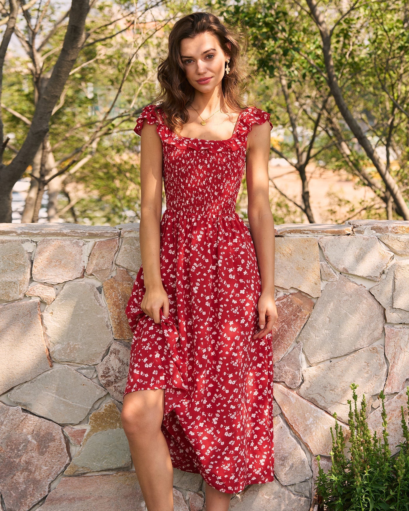 Red Square Neck Floral Midi Dress