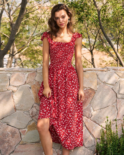 Red Square Neck Floral Midi Dress