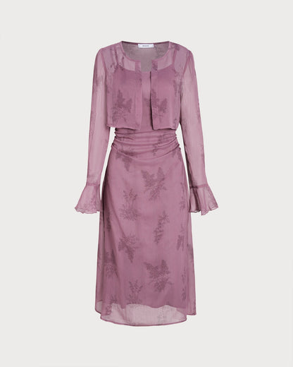 Purple Floral Ruched Slip Midi Dress