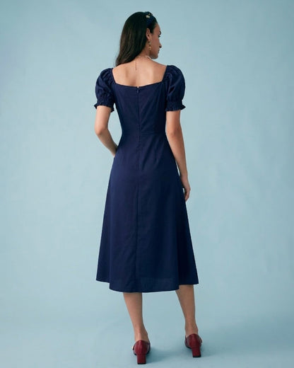 Navy V Neck Puffed Sleeve Midi Dress