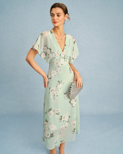 Green V Neck Floral Chiffon Midi Dress