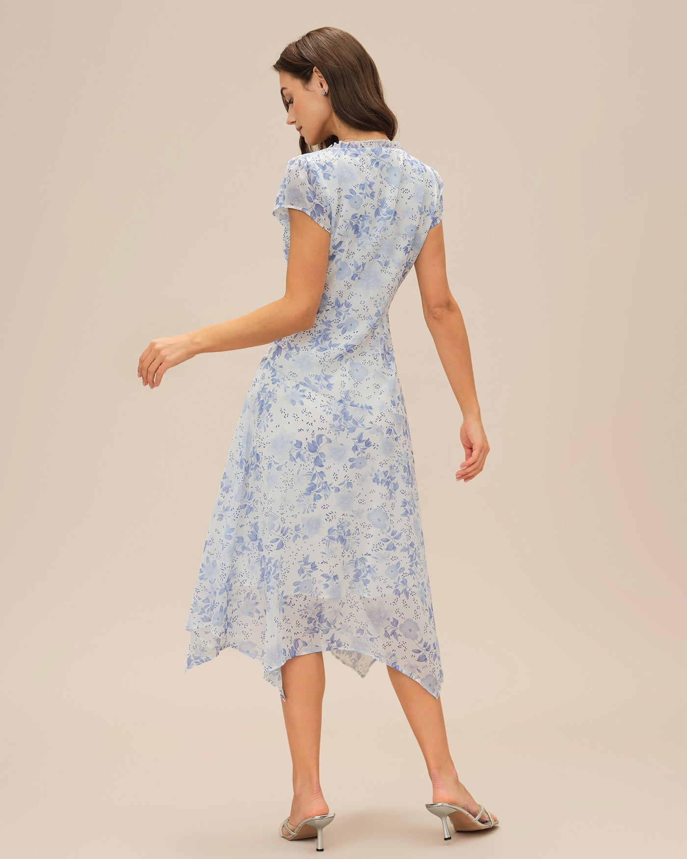 Blue V Neck Floral Midi Dress