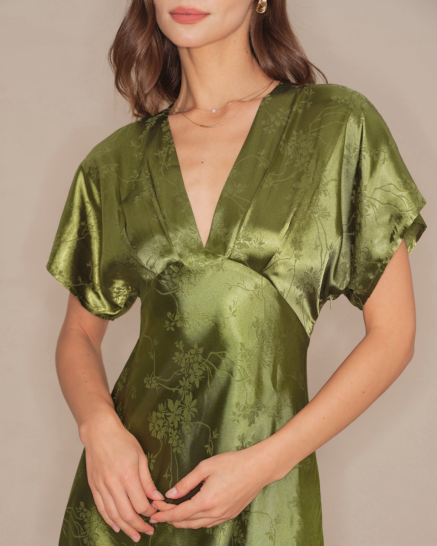 Green V Neck Pleated Floral Midi Dress