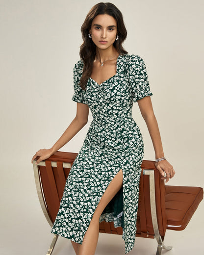 Green Floral V Neck Midi Dress