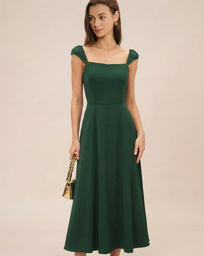 Green Square Neck Cap Sleeve Midi Dress