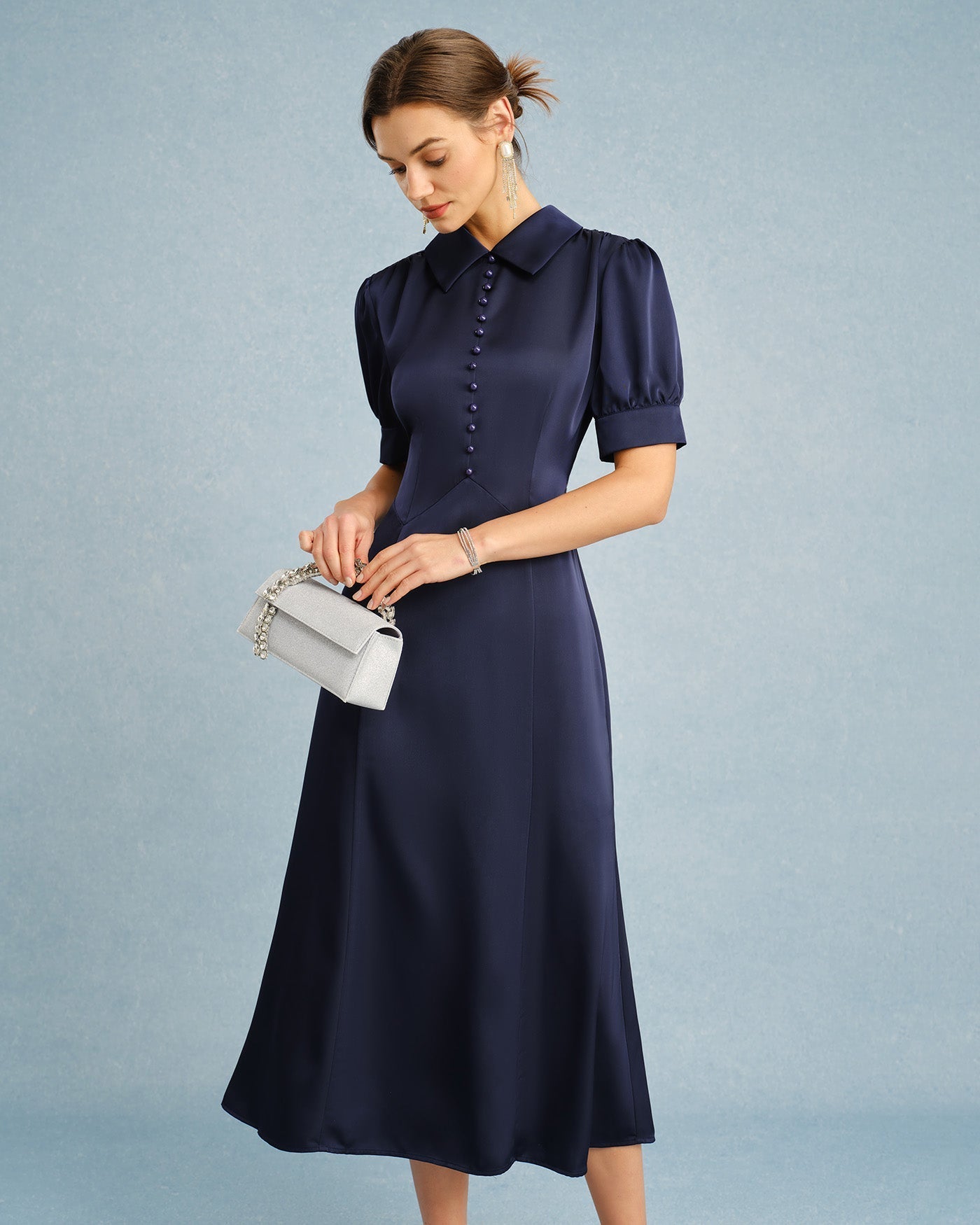 Navy Collar Puffed Sleeve Satin Midi Dress