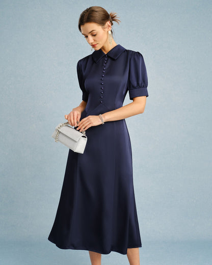 Navy Collar Puffed Sleeve Satin Midi Dress