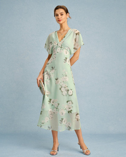 Green V Neck Floral Chiffon Midi Dress