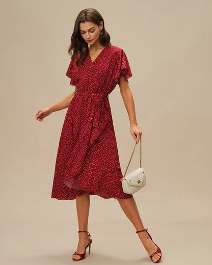 Red Butterfly Sleeve Polka Dot Midi Dress
