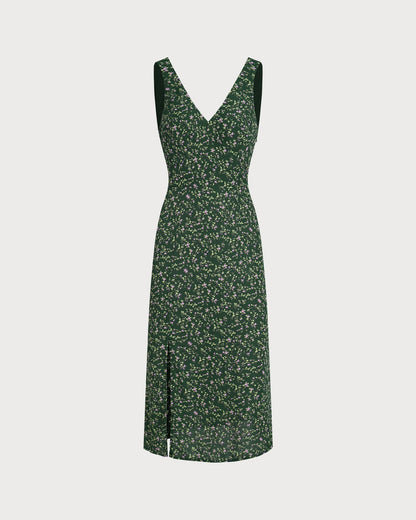Green V Neck Floral Midi Dress