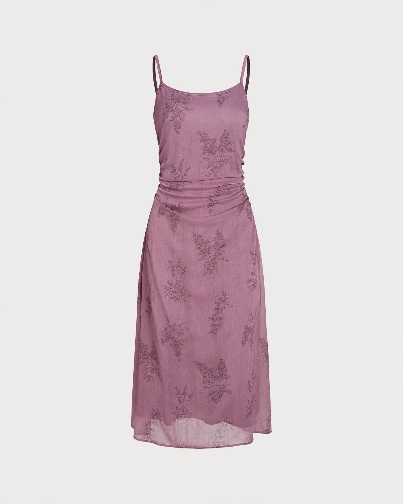 Purple Floral Ruched Slip Midi Dress