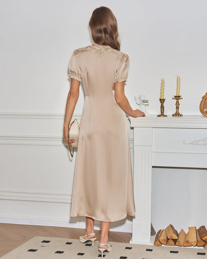 Apricot V Neck Lace Midi Dress