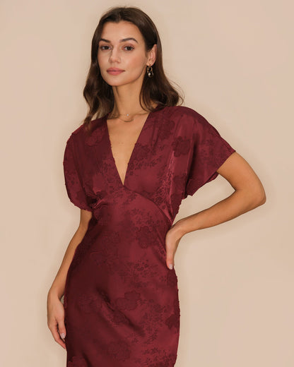 Wine Red V Neck Jacquard Midi Dress