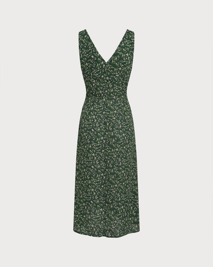 Green V Neck Floral Midi Dress