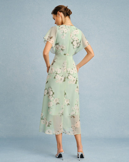 Green V Neck Floral Chiffon Midi Dress
