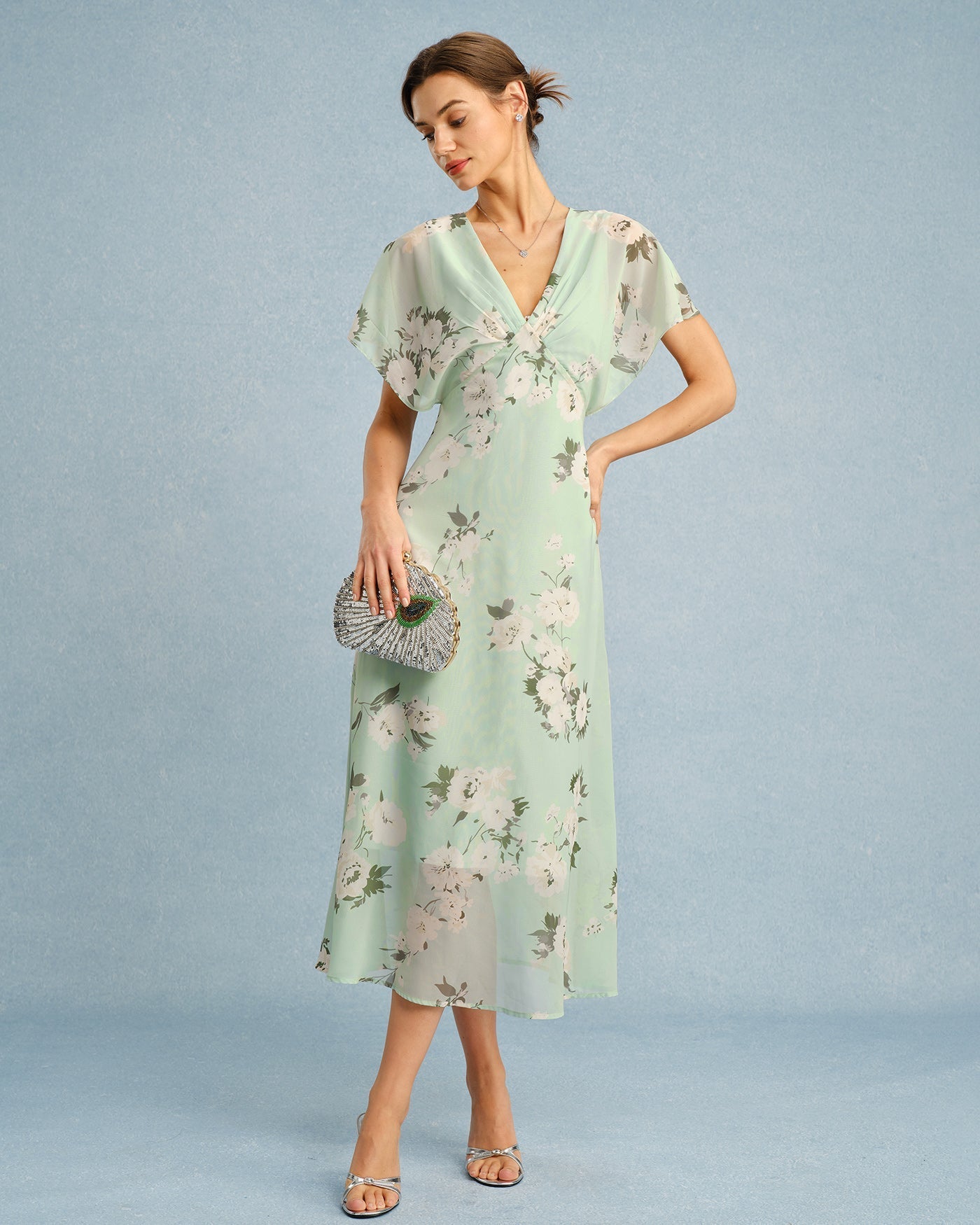 Green V Neck Floral Chiffon Midi Dress