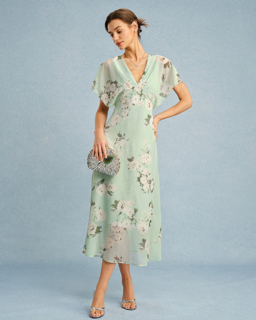 Green V Neck Floral Chiffon Midi Dress