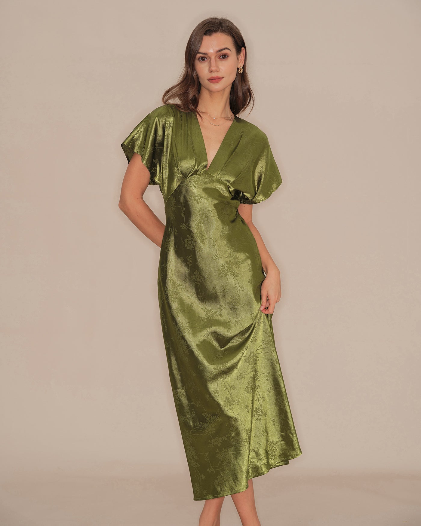 Green V Neck Pleated Floral Midi Dress