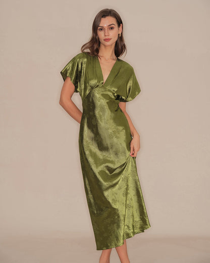 Green V Neck Pleated Floral Midi Dress