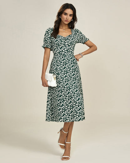 Green Floral V Neck Midi Dress