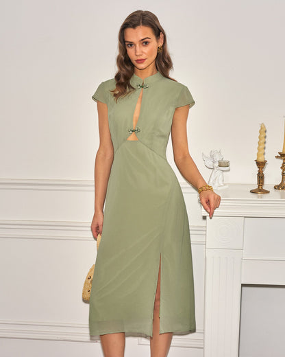 Green Mandarin Collar Chiffon Midi Dress
