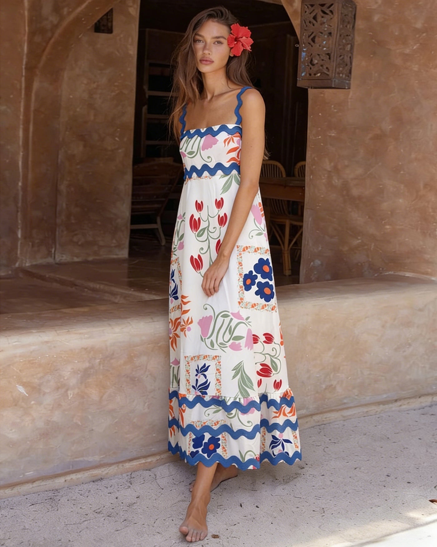 Floral Splicing Contrasting Slip Midi Dress