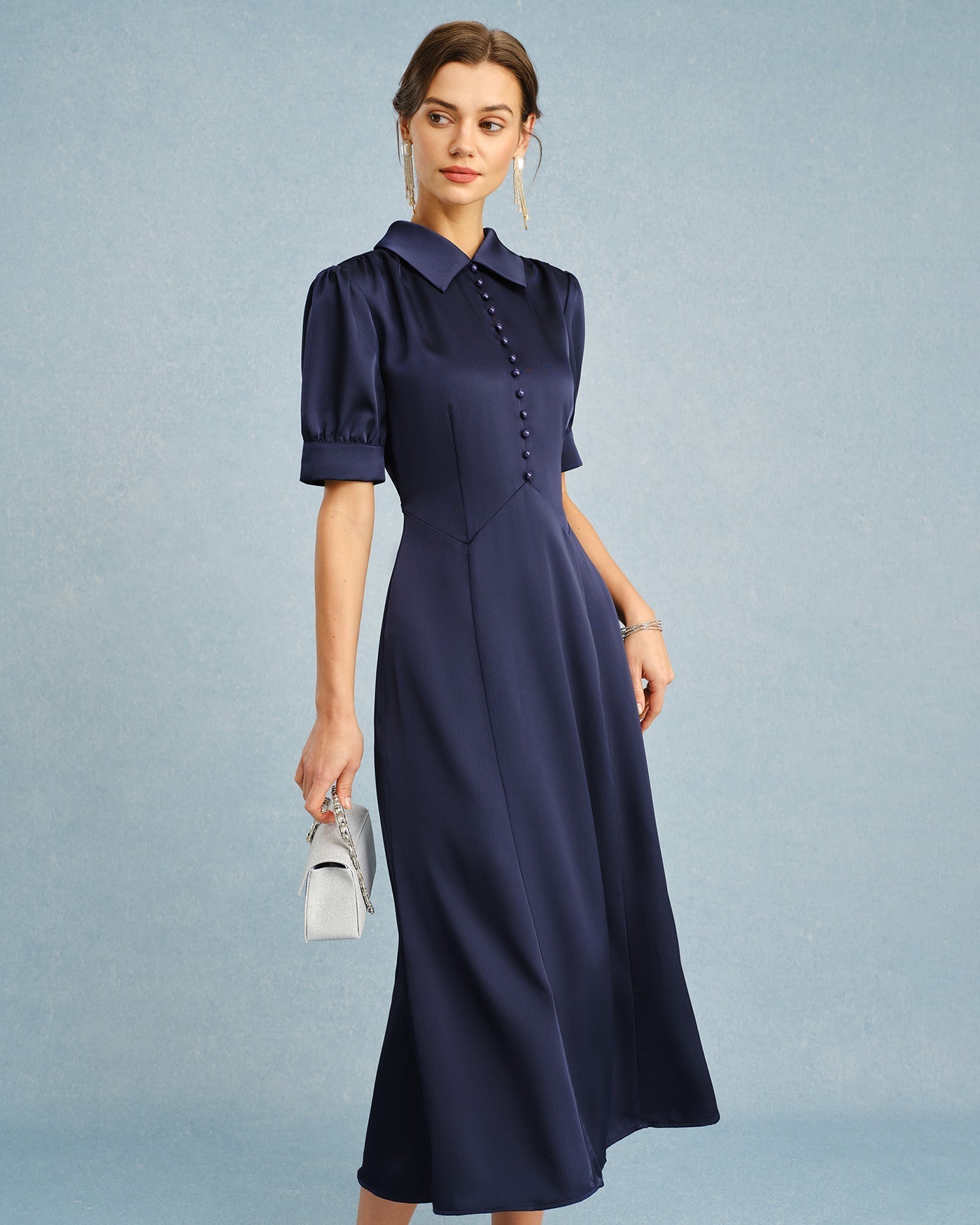 Navy Collar Puffed Sleeve Satin Midi Dress