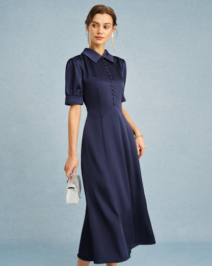 Navy Collar Puffed Sleeve Satin Midi Dress