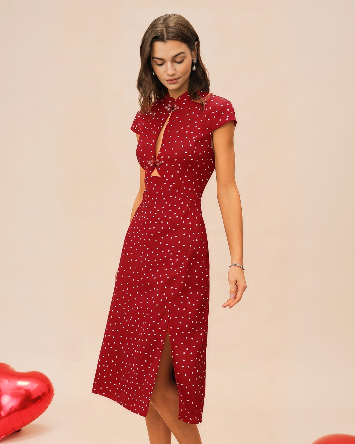 Red Mandarin Collar Polka Dot Midi Dress