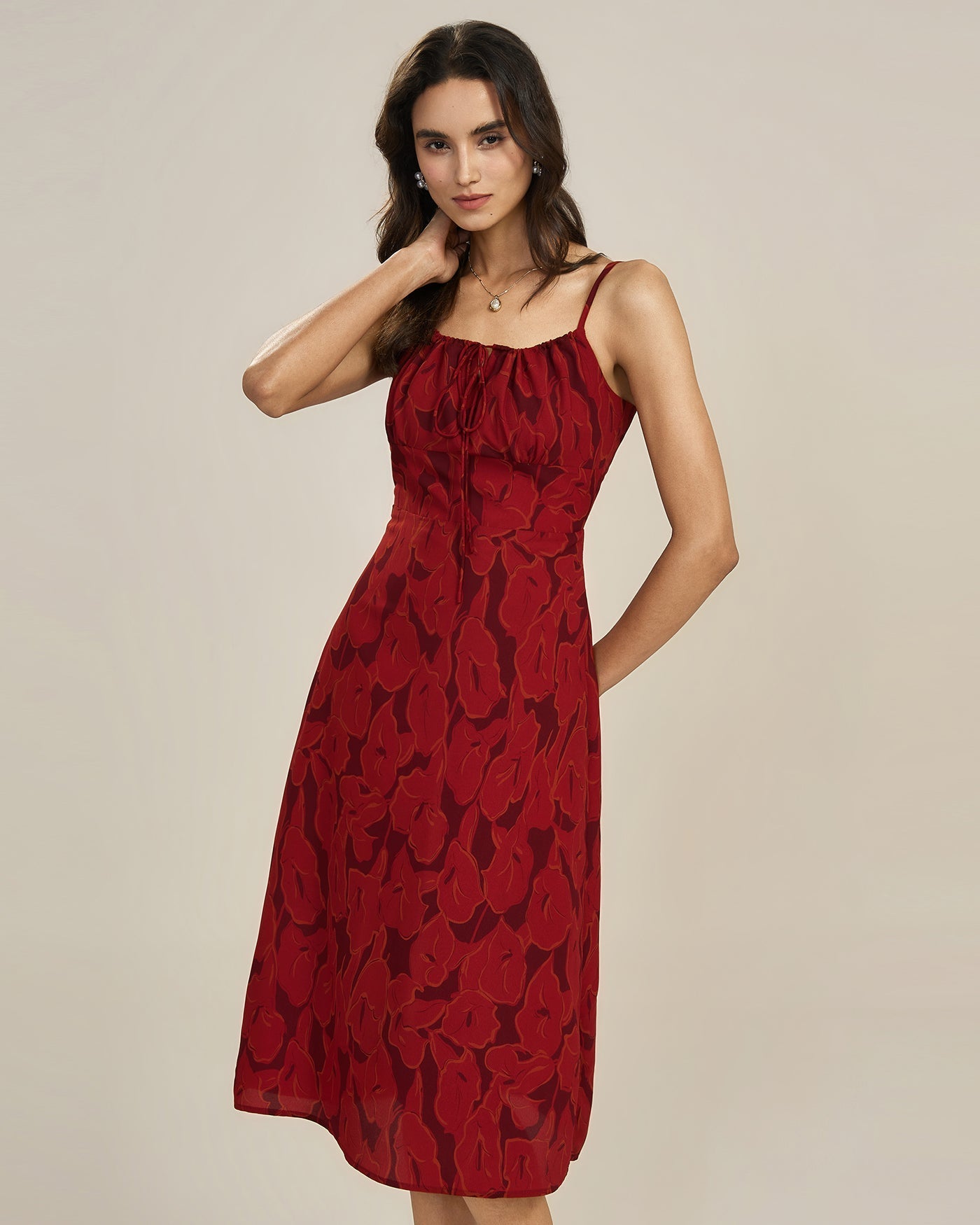 Red Shirred Floral Slip Midi Dress