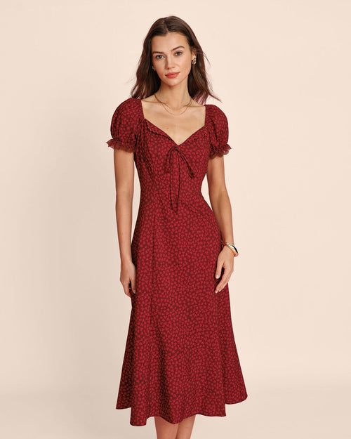 Red V Neck Lace Floral Midi Dress