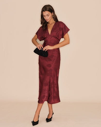 Wine Red V Neck Jacquard Midi Dress