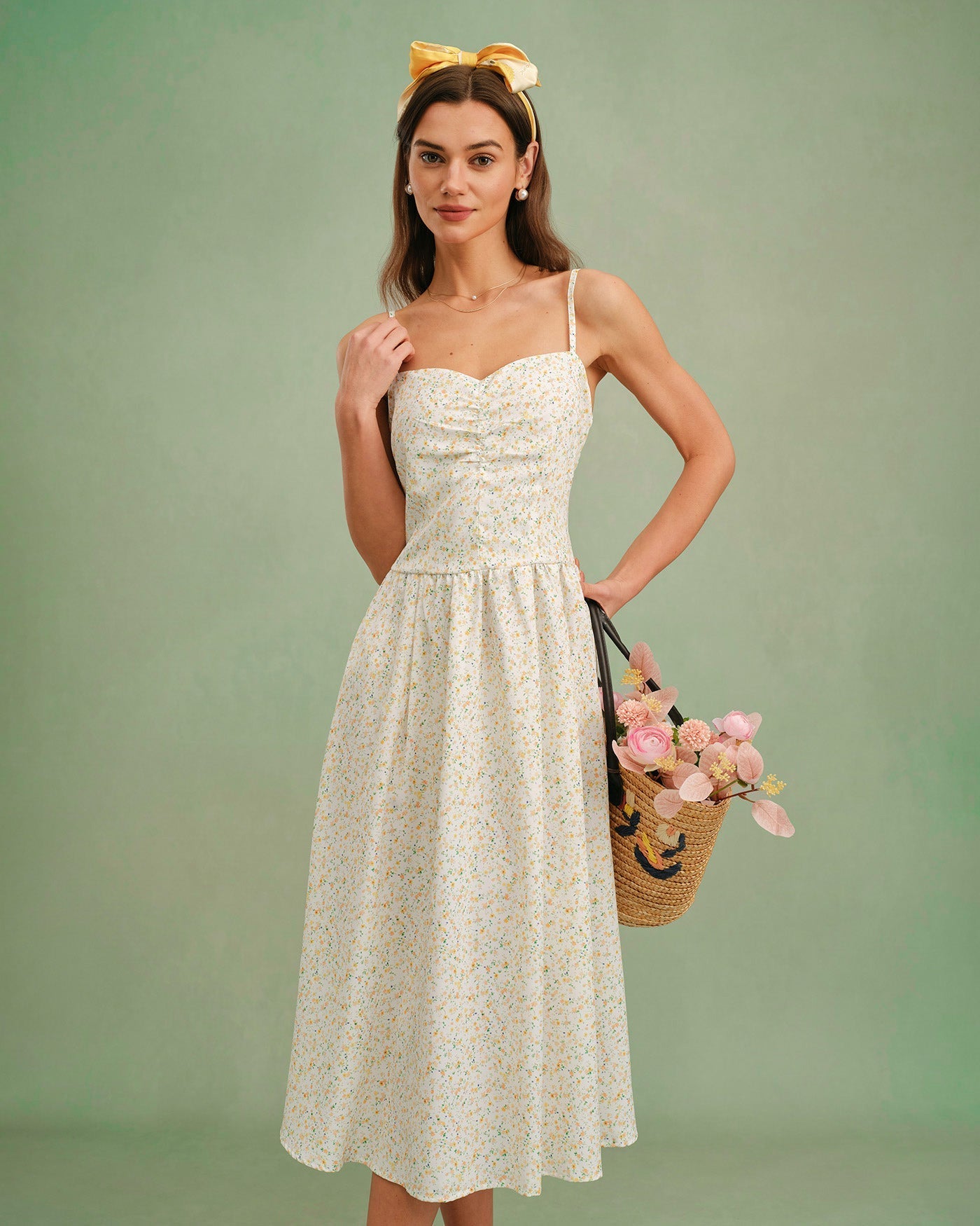 Yellow Sweetheart Neck Floral Slip Midi Dress