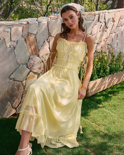 Yellow Sweetheart Neck Ruffle Midi Dress